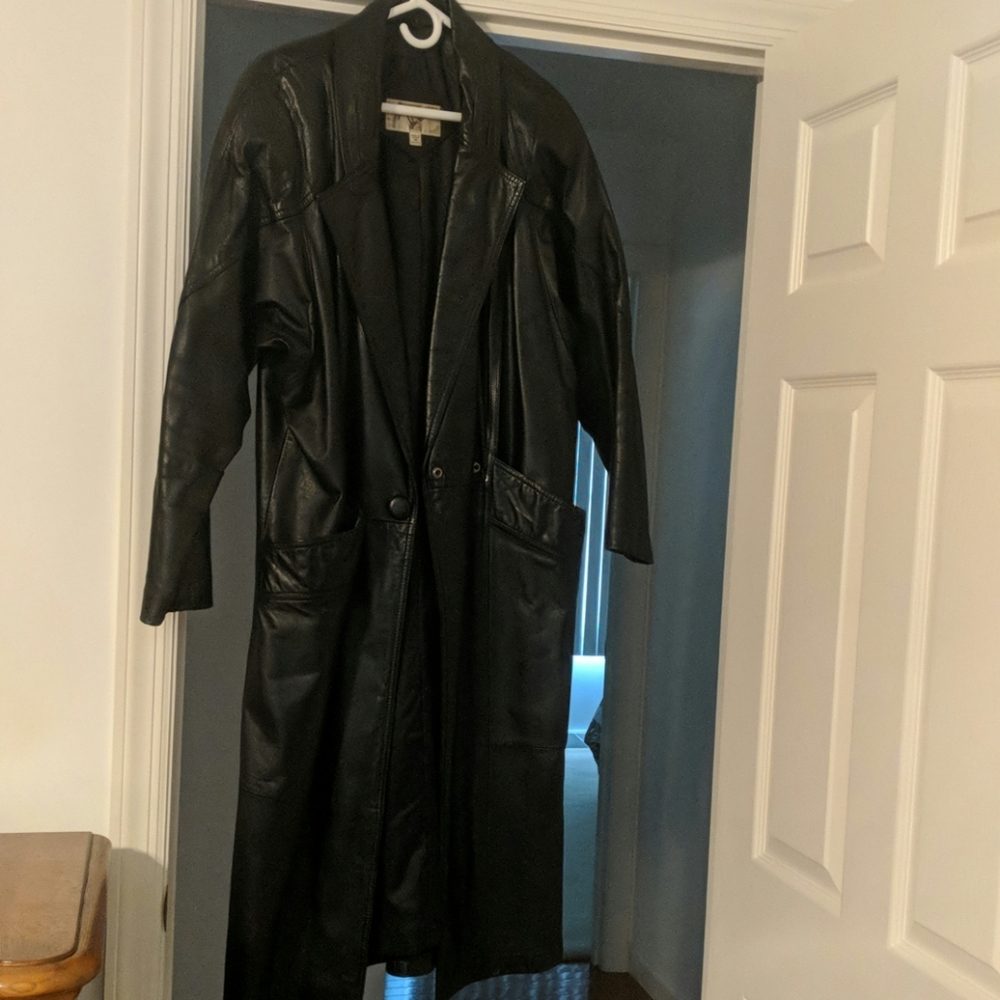 Long Black Leather 2 snap coat